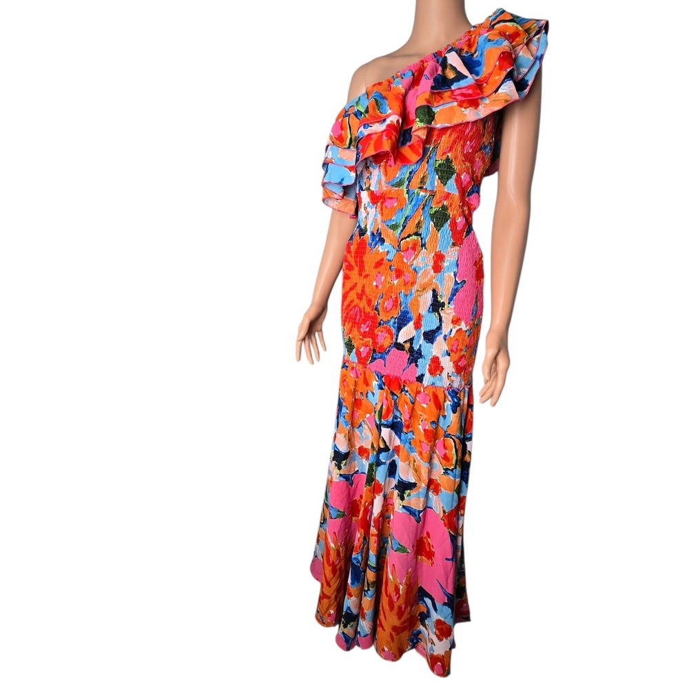 Lizette Collection Floral‎ One Shoulder Smocked Maxi Dress Multicolor Medium